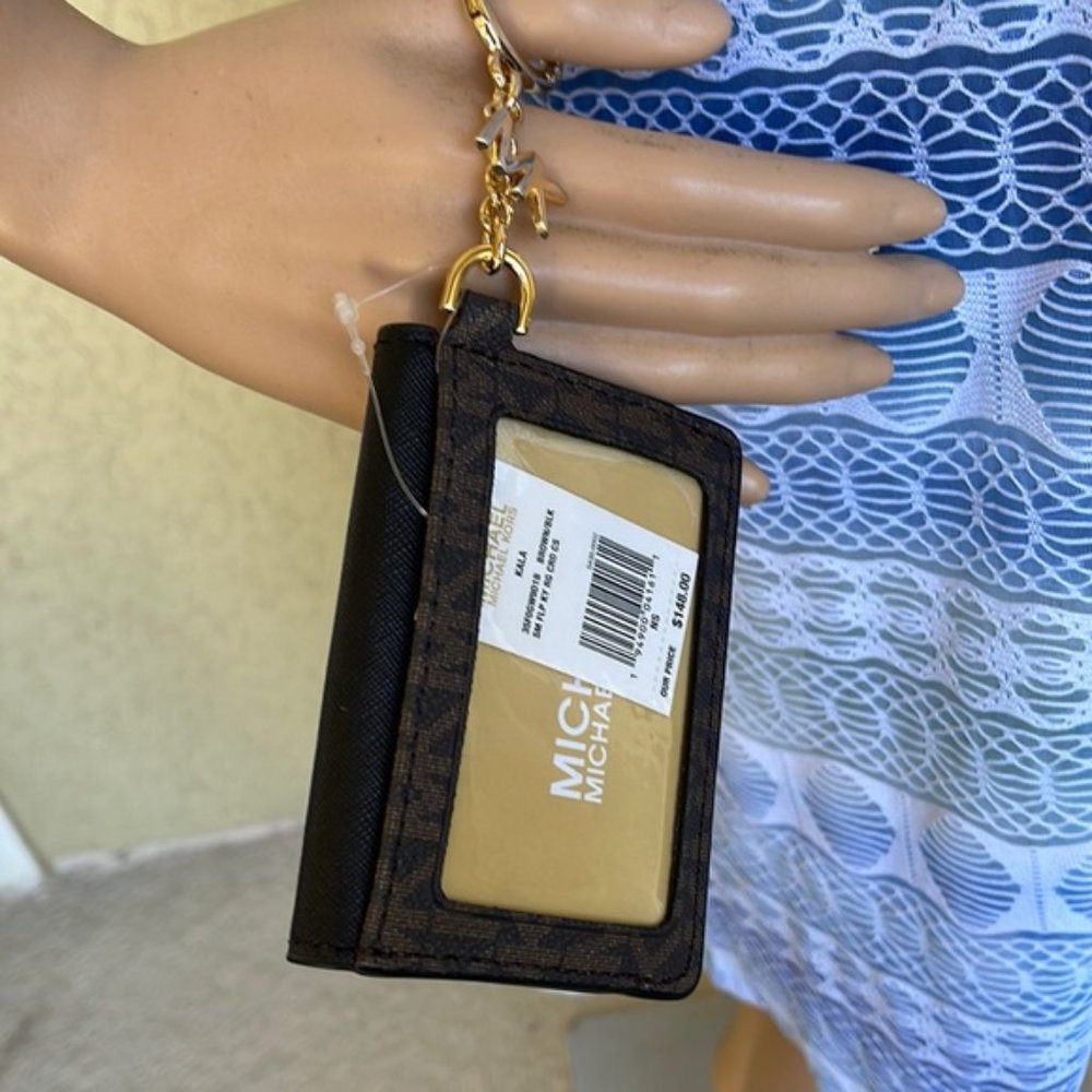 Michael Kors Kala Small Flap Key Ring Card Case Wallet MK Brown Black - Picture 11 of 13